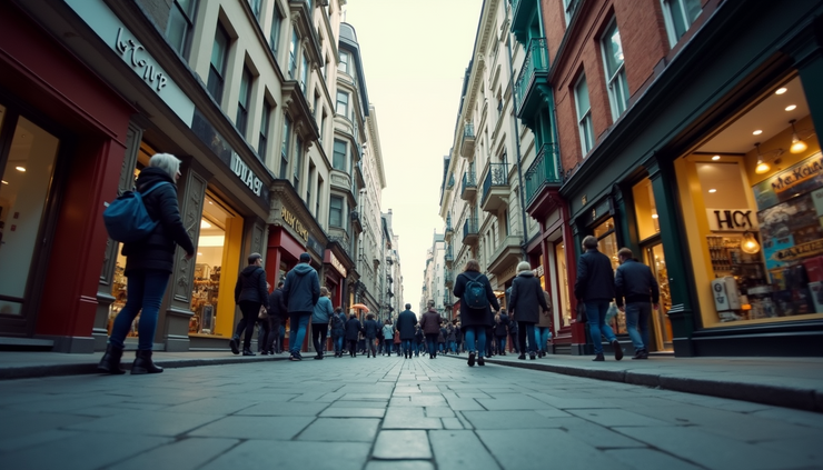 Eye-level view of Moody Street with shops and pedestrians in Waltham
