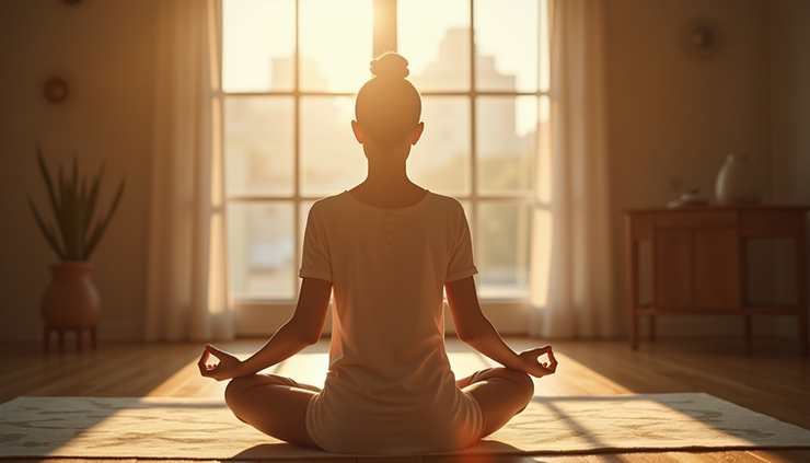 Close-up view of a person sitting cross-legged on a wooden floor meditating with soft natural light