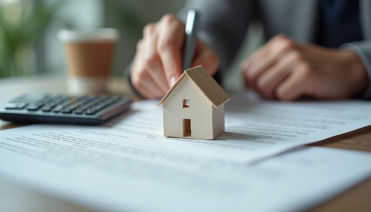 Eye-level view of a house key resting on a contract with a calculator nearby