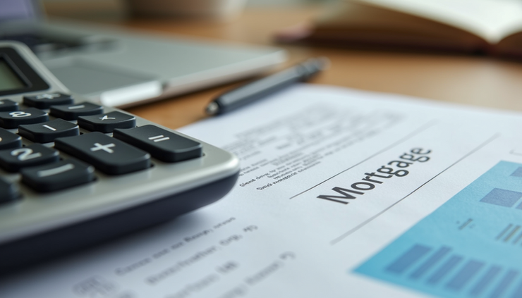 Eye-level view of a calculator and mortgage documents on a wooden table