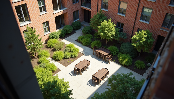 High angle view of a Somerville condo courtyard with landscaping and seating areas