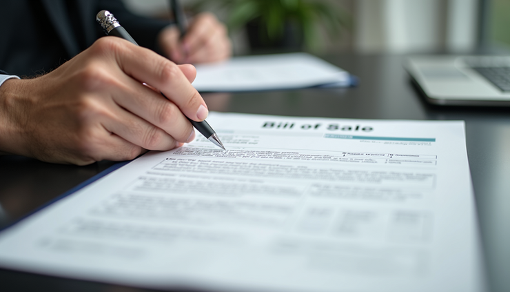 High angle view of a signed bill of sale document on a table