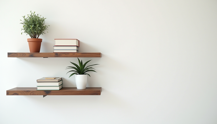 Close-up view of floating wooden shelves mounted on a white wall holding plants and books