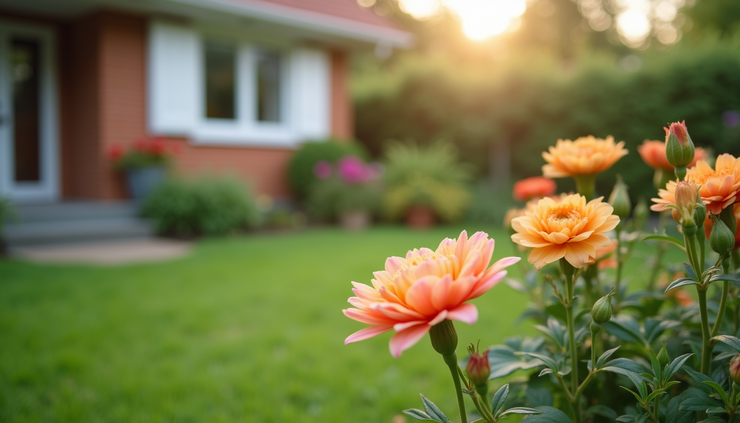 Close-up view of a well-maintained garden with blooming flowers outside a house