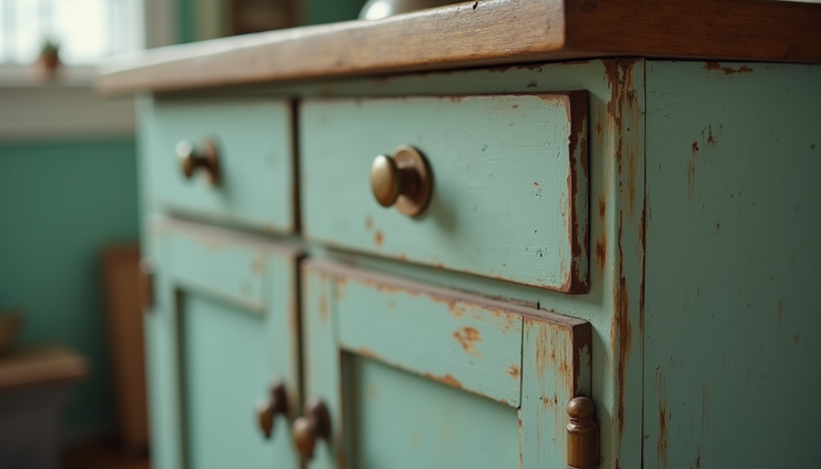 Close-up view of a vintage kitchen cabinet with aged paint and brass handles