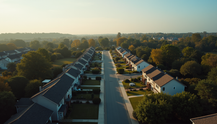 High angle view of suburban neighborhood with single-family homes and tree-lined streets