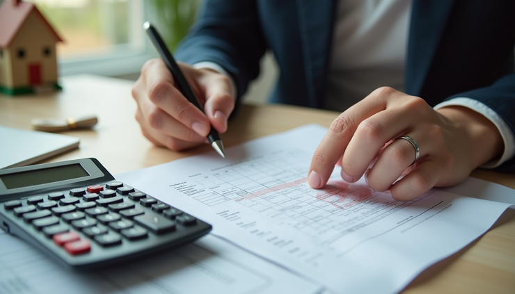High angle view of a person reviewing home sale documents and a calculator on a table