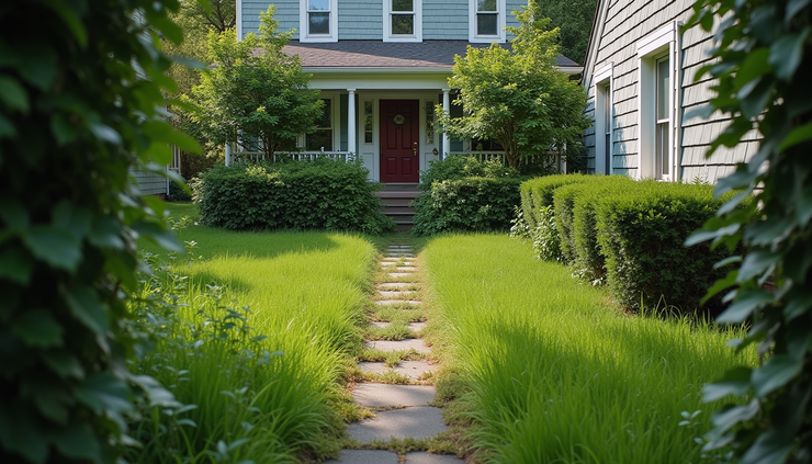 High angle view of an overgrown front yard with weeds and untrimmed bushes