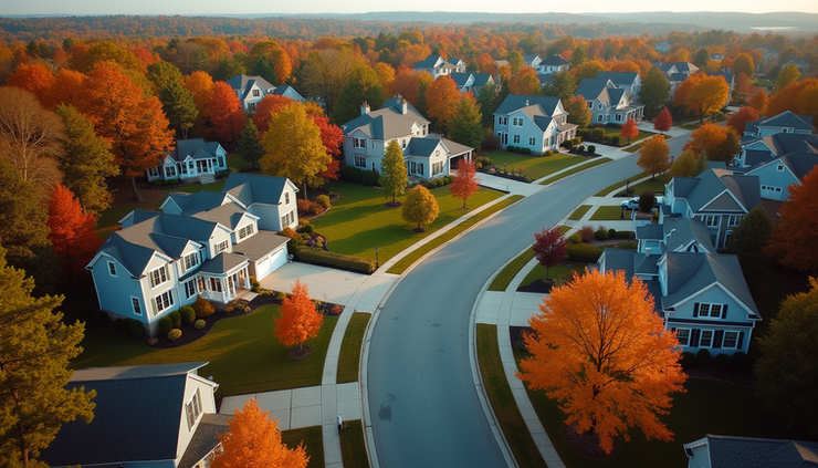 High angle view of a suburban neighborhood in Newton with single-family homes and autumn foliage