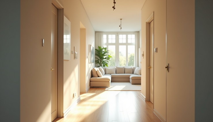High angle view of a hallway leading to a bright living room with natural light