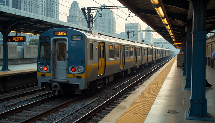High angle view of a commuter train arriving at a suburban station