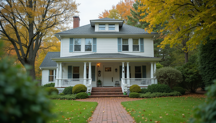 Eye-level view of a charming suburban Massachusetts home with a welcoming front porch