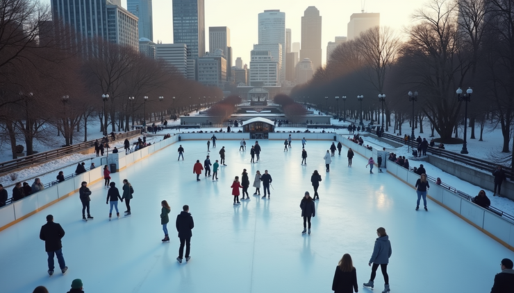 High angle view of Boston Common ice skating rink with skaters enjoying winter activities