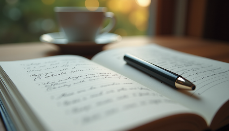 Eye-level view of a handwritten journal with a pen resting on an open page