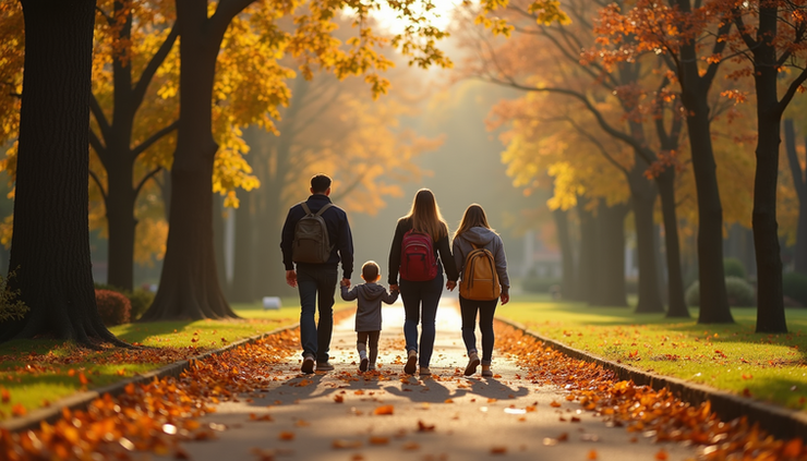 High angle view of a family walking in a park in Roslindale with autumn leaves