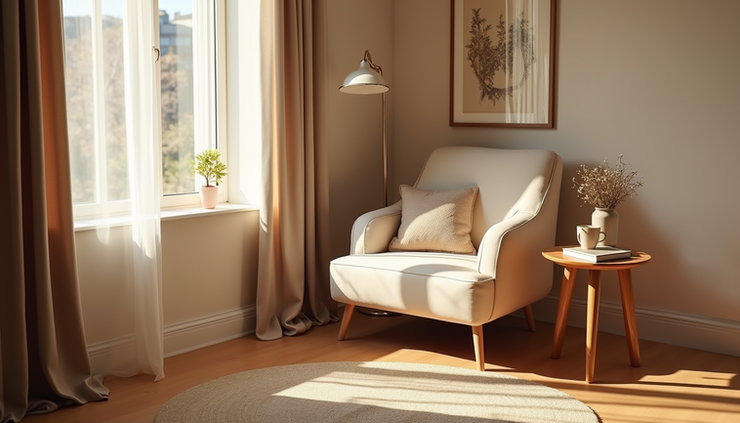 Eye-level view of a softly lit bedroom corner with a cozy armchair and warm textiles
