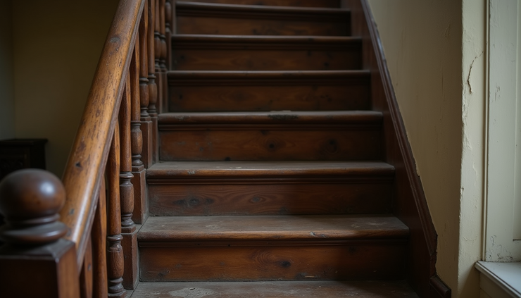 Eye-level view of a vintage wooden staircase with worn steps and ornate banister