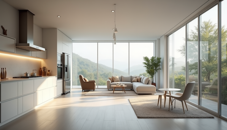 Wide angle view of a spacious kitchen with modern appliances and clean countertops