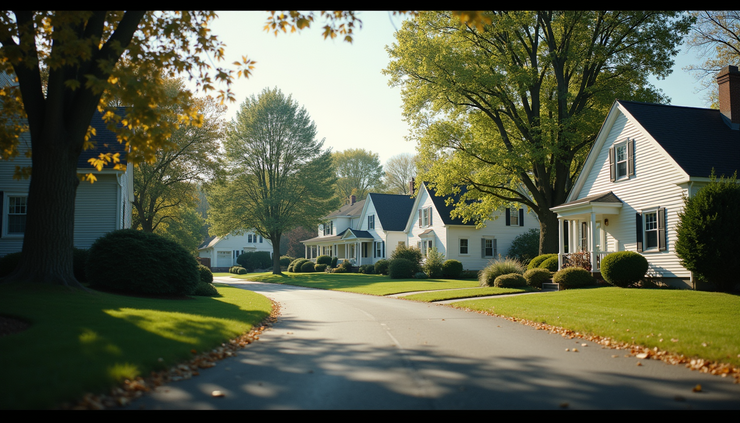 Eye-level view of a suburban Massachusetts neighborhood with single-family homes
