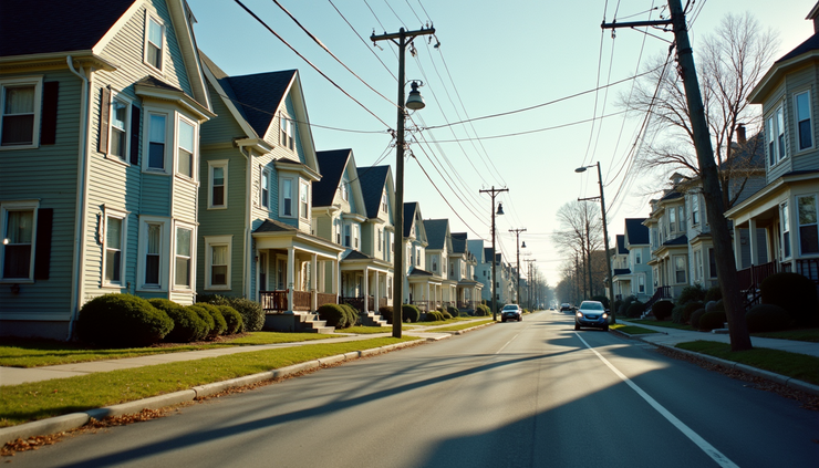 Close-up view of a residential street in Malden with classic triple-decker houses