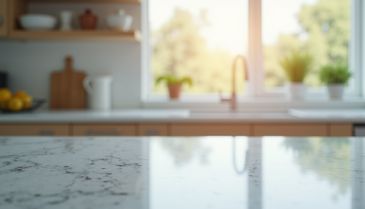 Close-up view of a spotless kitchen countertop with shining surfaces
