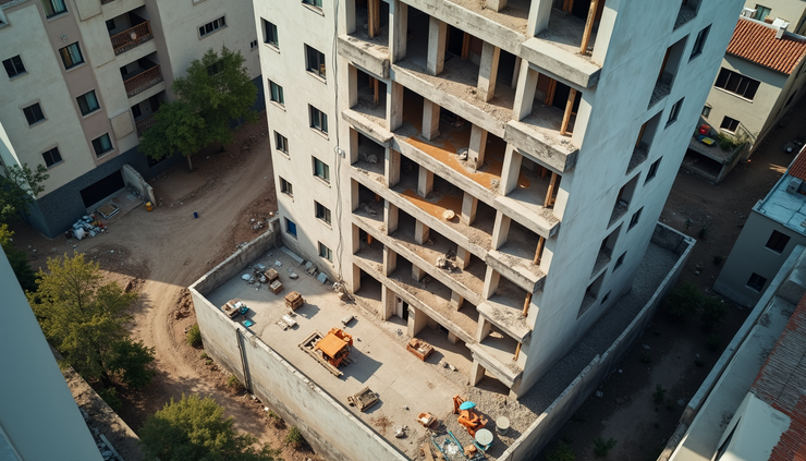 High angle view of a residential building under renovation with construction materials around