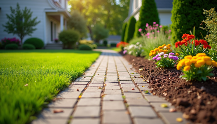 High angle view of a tidy front yard with fresh mulch and colorful flowers