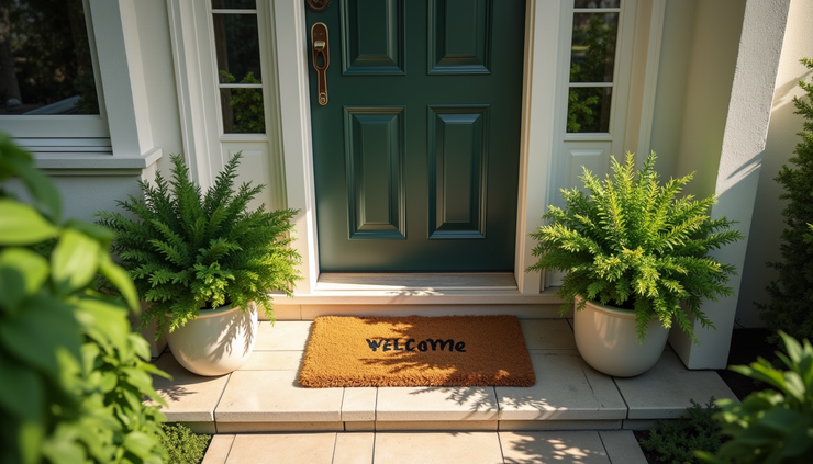 High angle view of a home doorway with a welcome mat and potted plants on either side