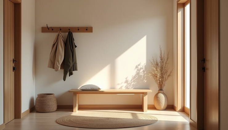 Eye-level view of a cozy home entryway with a wooden bench and hanging coat rack