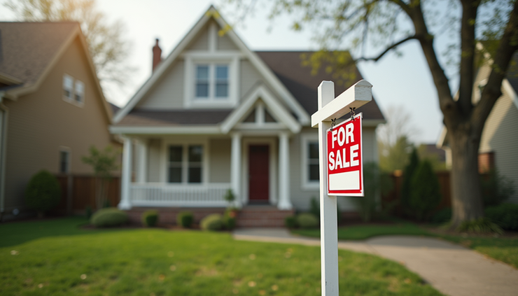 Eye-level view of a suburban house with a "For Sale" sign in the front yard
