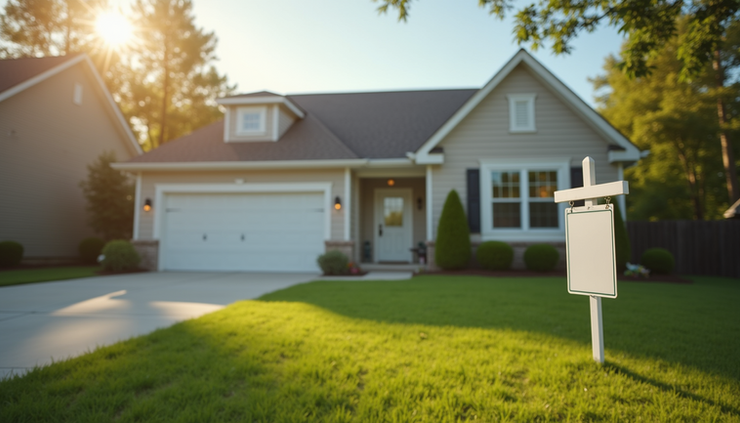 Eye-level view of a suburban home with a "For Sale" sign in front yard