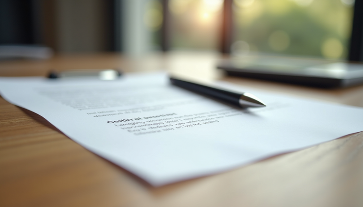 Close-up view of a contract and pen on a wooden table, symbolizing real estate transaction