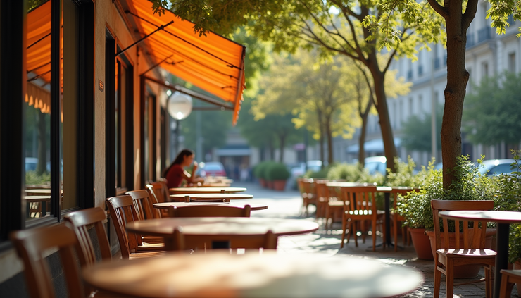 Close-up view of a cozy cafe storefront with outdoor seating in Roslindale