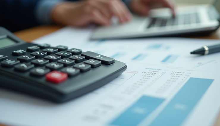 Close-up view of a calculator and financial documents on a desk