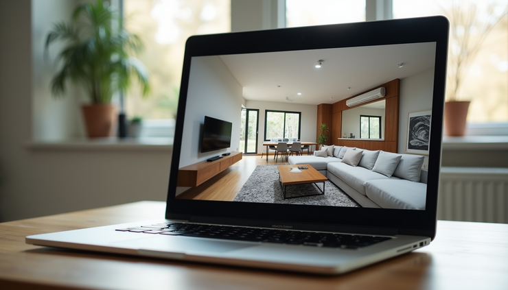 Close-up view of a laptop screen showing a virtual home tour