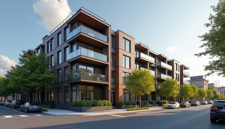 Eye-level view of a modern Somerville condo building with balconies and street parking