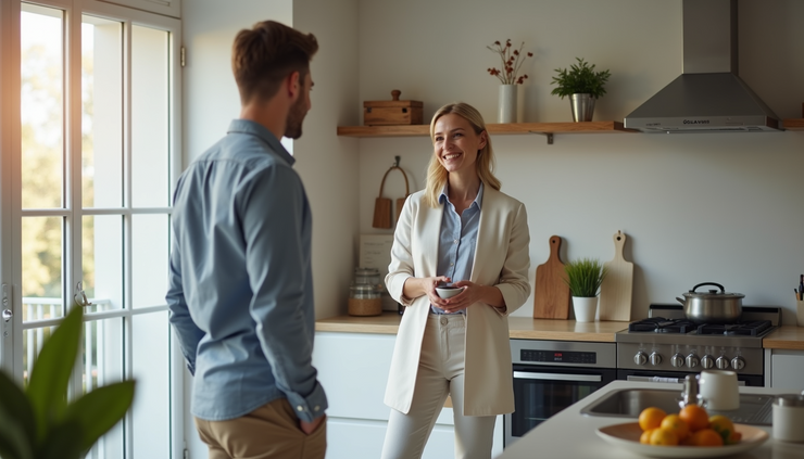 High angle view of a real estate agent showing a kitchen to a visitor during an open house
