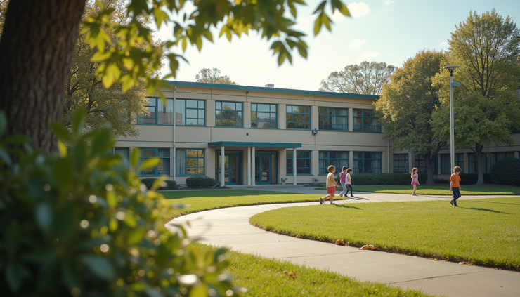 Eye-level view of a suburban school building with playground and children playing