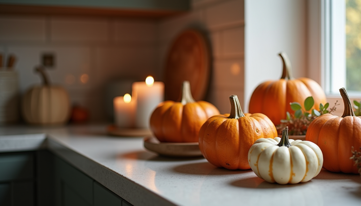 Close-up view of a kitchen counter with autumn-themed decorations and warm lighting