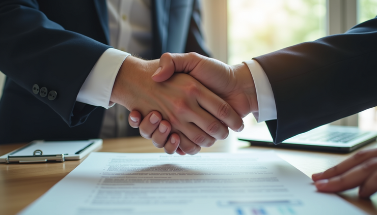High angle view of a handshake over a signed real estate agreement