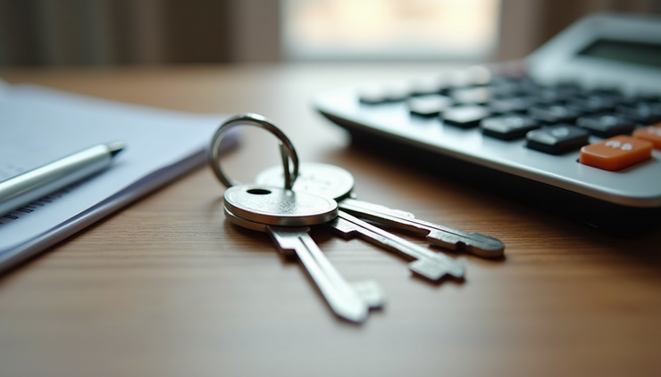 Close-up view of a calculator and house keys on a wooden table