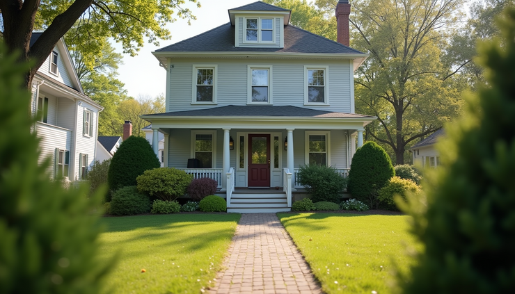 Eye-level view of a charming Massachusetts home exterior with a welcoming front porch