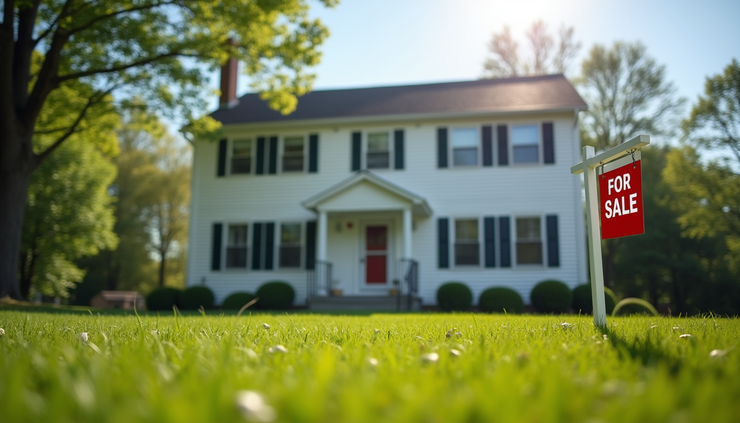 Eye-level view of a suburban Massachusetts home with a "For Sale" sign in the yard