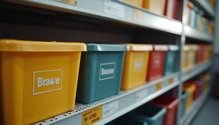 Close-up view of labeled storage bins neatly arranged on a shelf