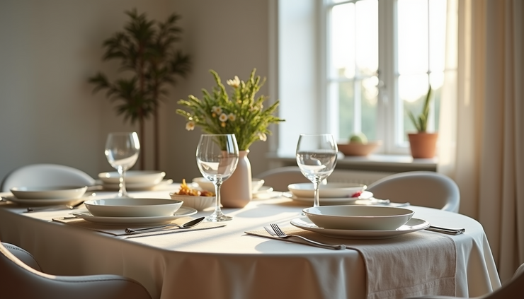 High angle view of a staged dining area with elegant table setting and natural light