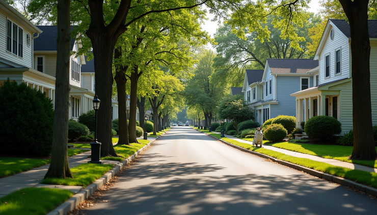 Eye-level view of a quiet residential street in Dedham with family homes and trees