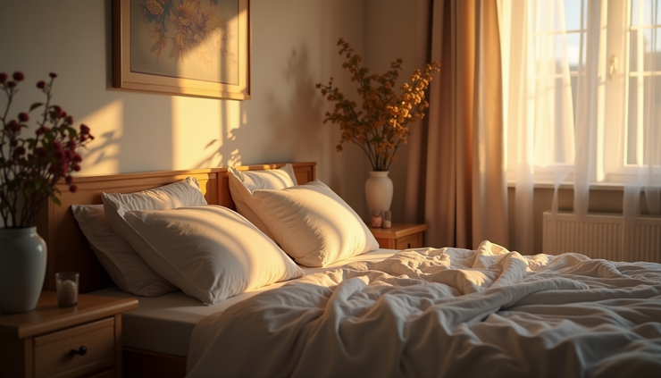 Close-up view of a softly lit bedroom corner with warm evening light
