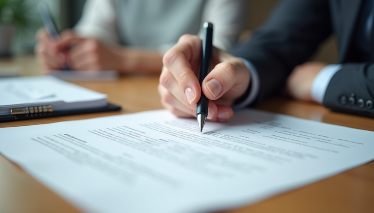 Eye-level view of a contract document with a pen on a wooden table