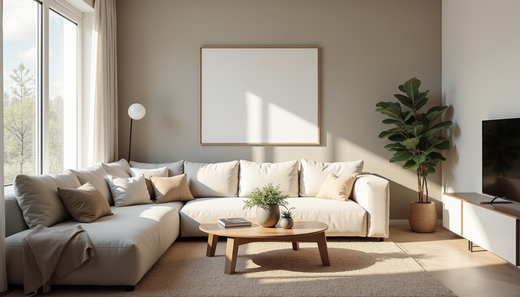Eye-level view of a tastefully staged living room with neutral colors and modern furniture