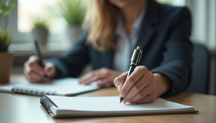 Eye-level view of a person sitting at a desk with a notebook and pen, ready to work